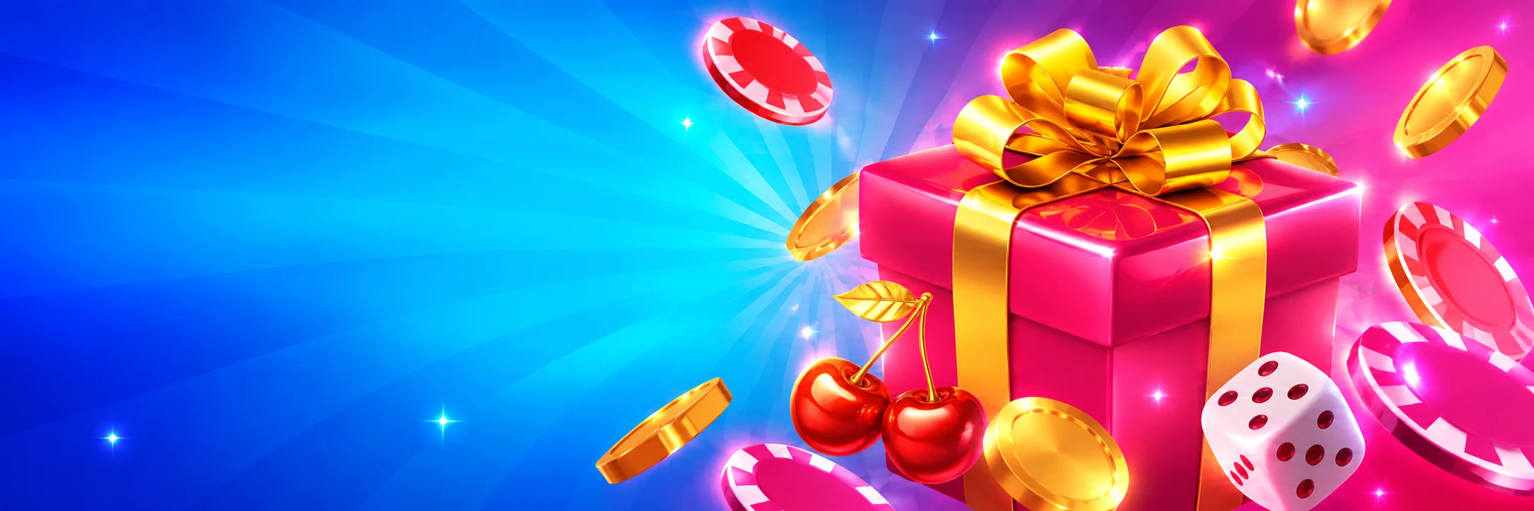 Pinkes Geschenk mit goldener Schleife, Jetons und Kirschen vor blauem Licht